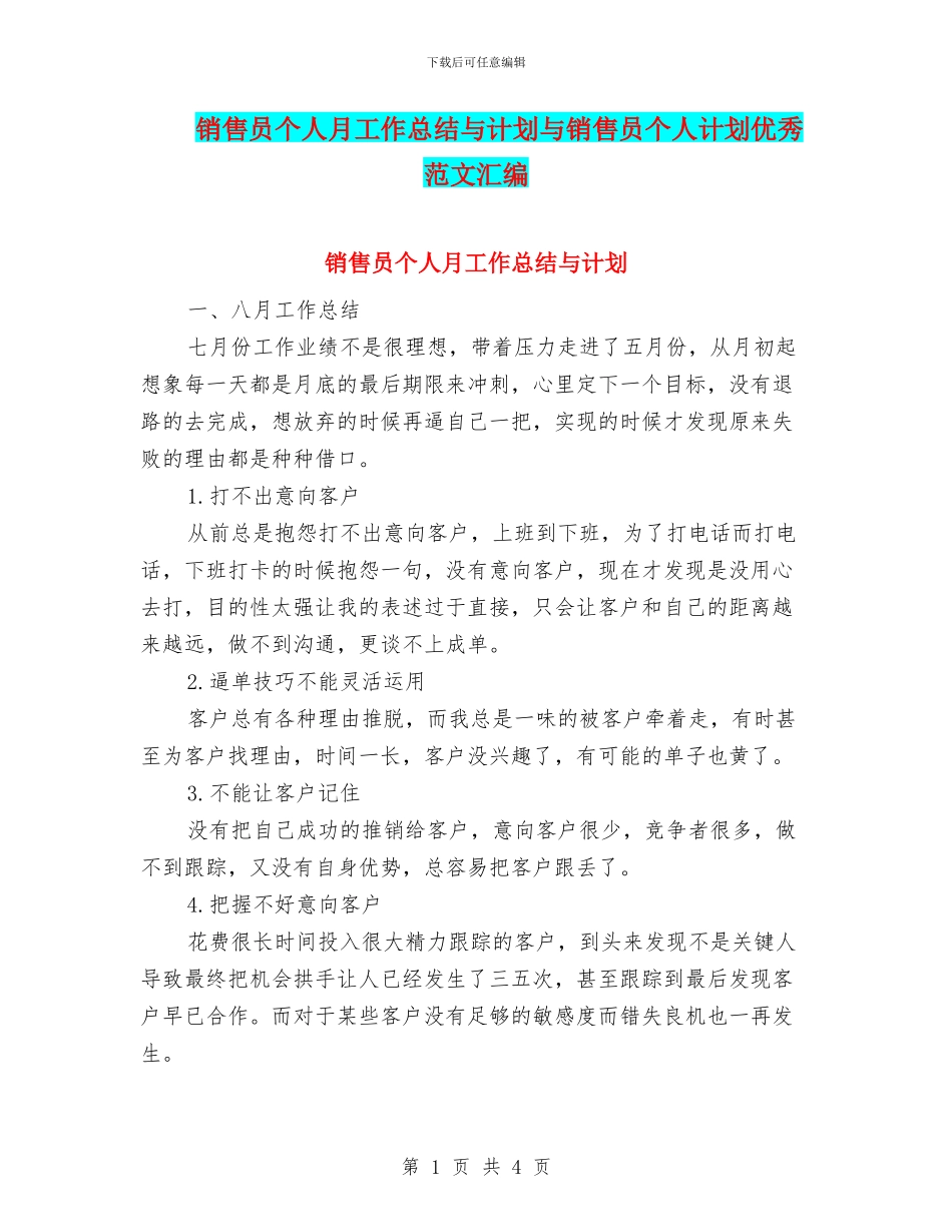 销售员个人月工作总结与计划与销售员个人计划优秀范文汇编_第1页