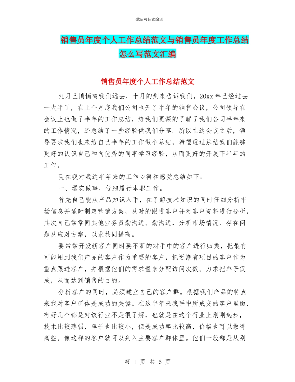 销售员年度个人工作总结范文与销售员年度工作总结怎么写范文汇编_第1页