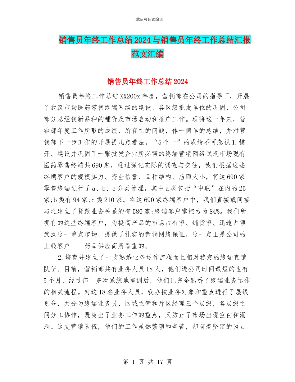 销售员年终工作总结2024与销售员年终工作总结汇报范文汇编_第1页
