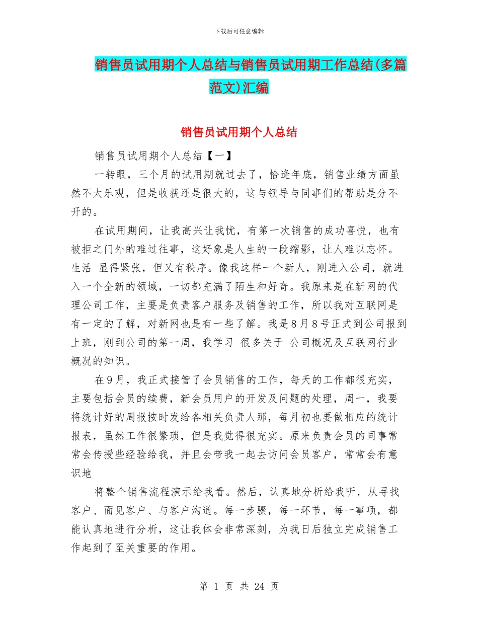 销售员试用期个人总结与销售员试用期工作总结汇编_第1页