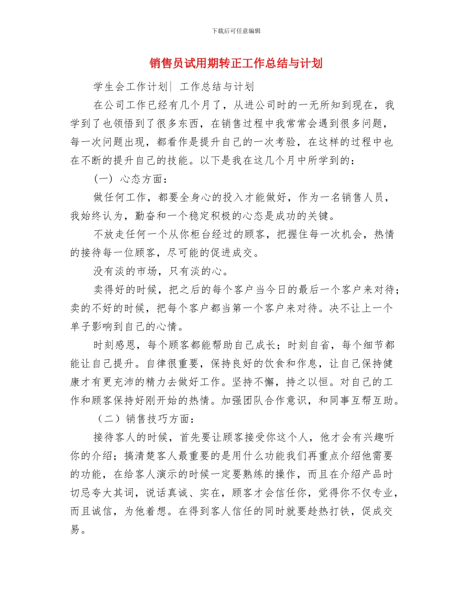 销售员试用期工作计划与销售员试用期转正工作总结与计划汇编_第3页