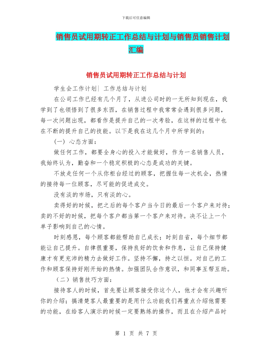 销售员试用期转正工作总结与计划与销售员销售计划汇编_第1页