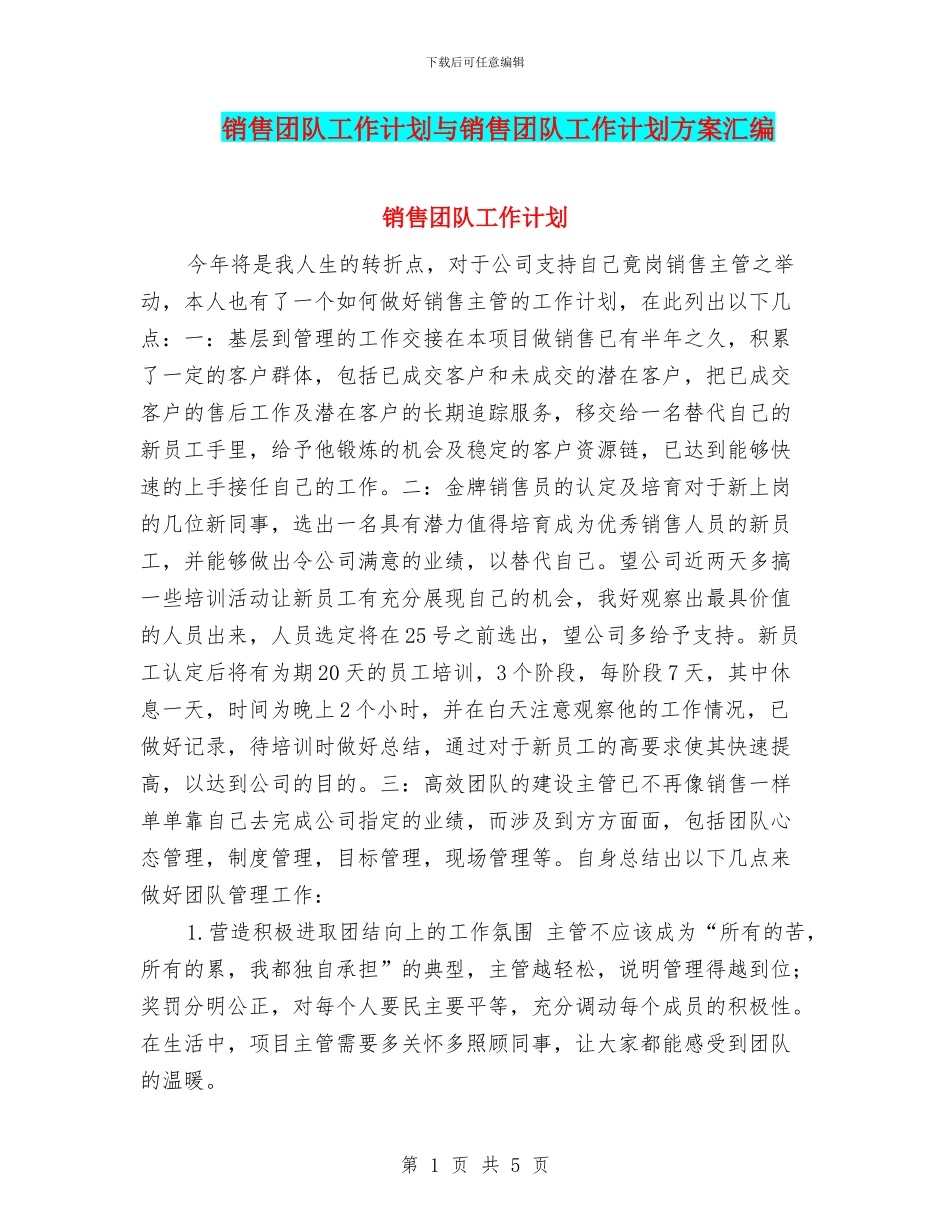 销售团队工作计划与销售团队工作计划方案汇编_第1页