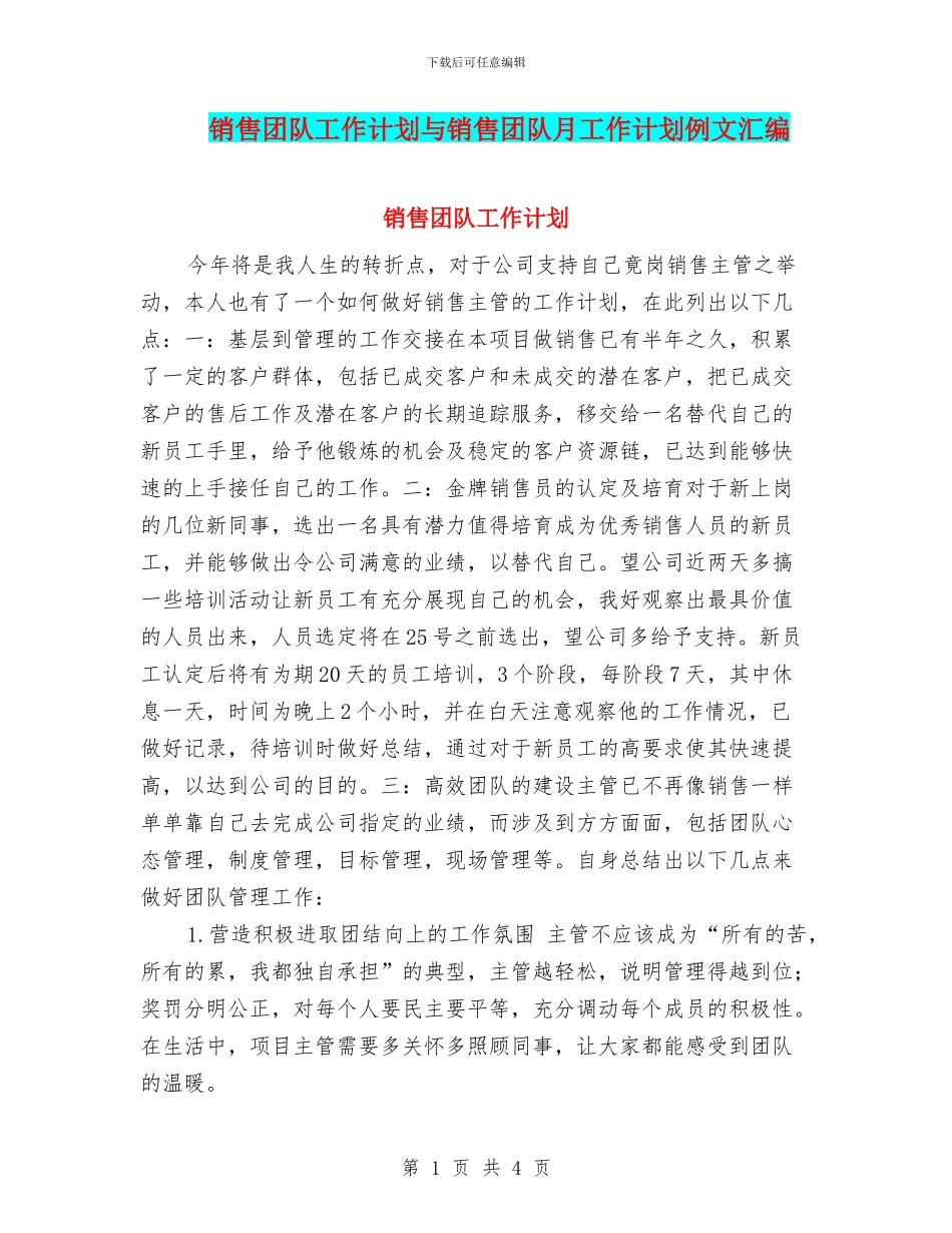 销售团队工作计划与销售团队月工作计划例文汇编_第1页