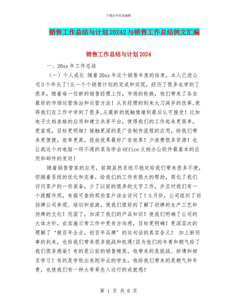 销售工作总结与计划20242与销售工作总结例文汇编_第1页