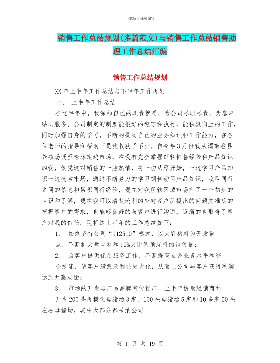 销售工作总结规划与销售工作总结销售助理工作总结汇编_第1页