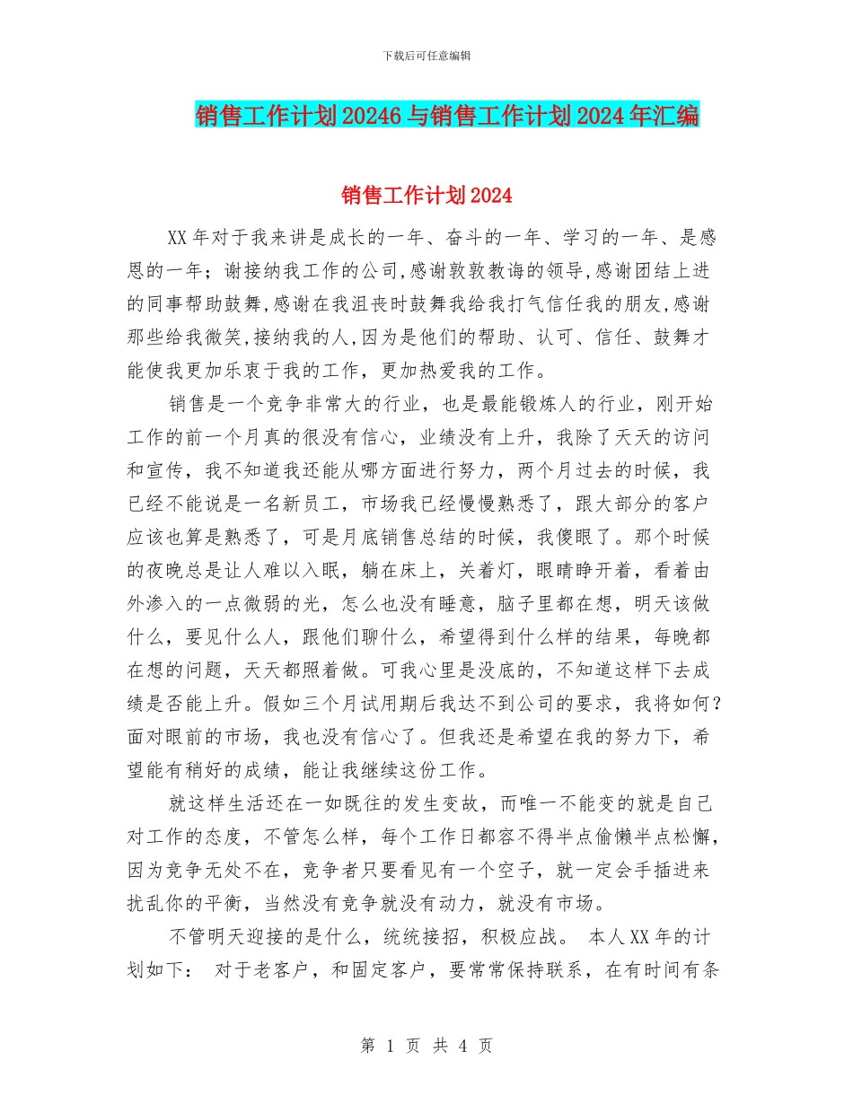 销售工作计划20246与销售工作计划2024年汇编_第1页