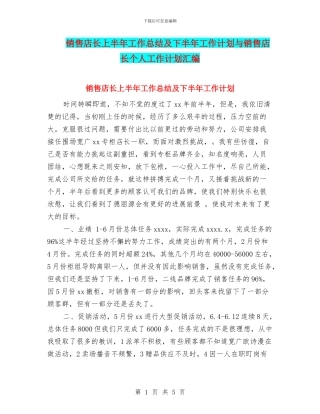 销售店长上半年工作总结及下半年工作计划与销售店长个人工作计划汇编