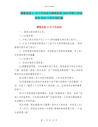 销售总监11月工作总结与销售总监2024年终工作总结及2024工作计划汇编