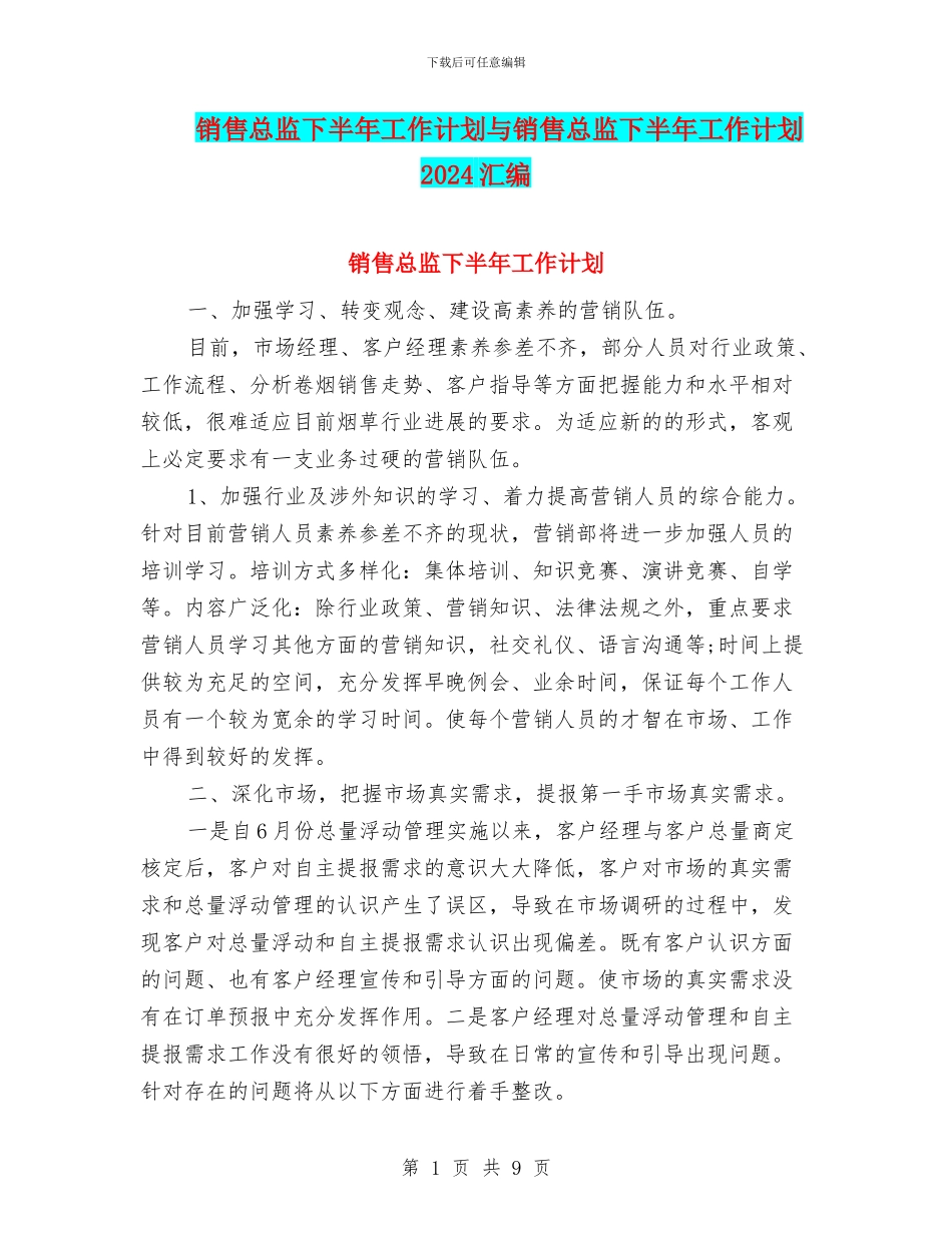 销售总监下半年工作计划与销售总监下半年工作计划2024汇编_第1页