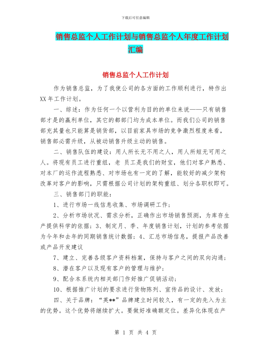 销售总监个人工作计划与销售总监个人年度工作计划汇编_第1页