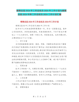 销售总监2024年工作总结及2024年工作计划与销售总监2024年终工作总结及2024工作计划汇编