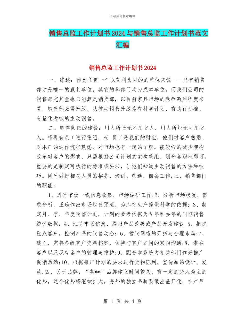 销售总监工作计划书2024与销售总监工作计划书范文汇编_第1页