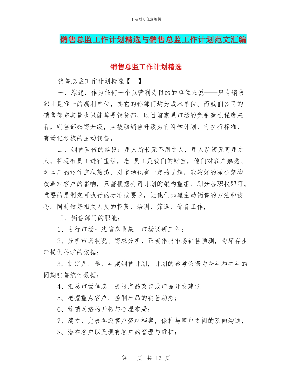 销售总监工作计划精选与销售总监工作计划范文汇编_第1页