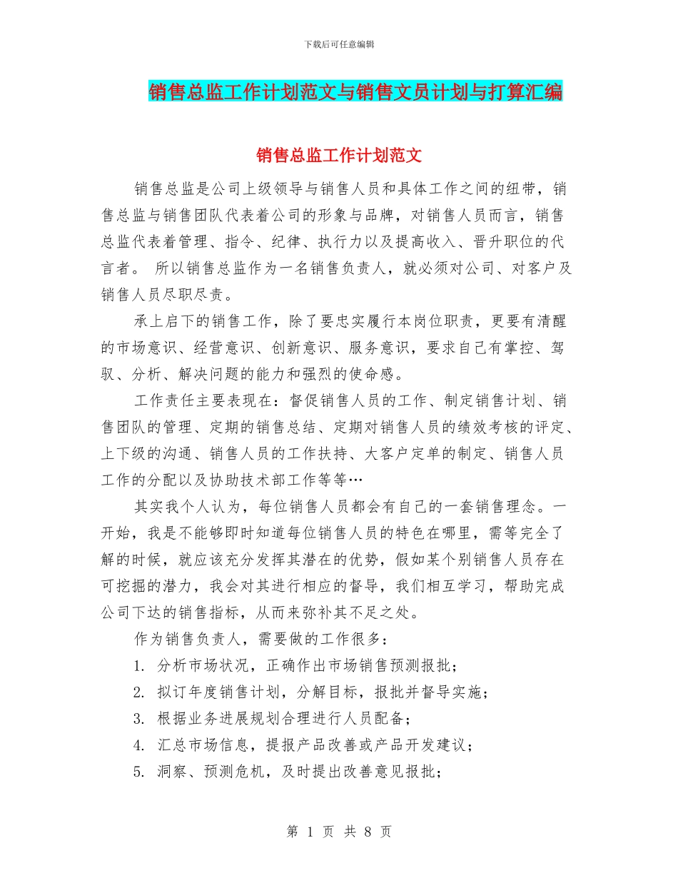 销售总监工作计划范文与销售文员计划与打算汇编_第1页