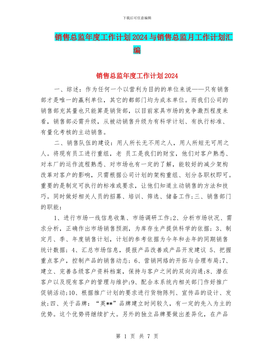 销售总监年度工作计划2024与销售总监月工作计划汇编_第1页