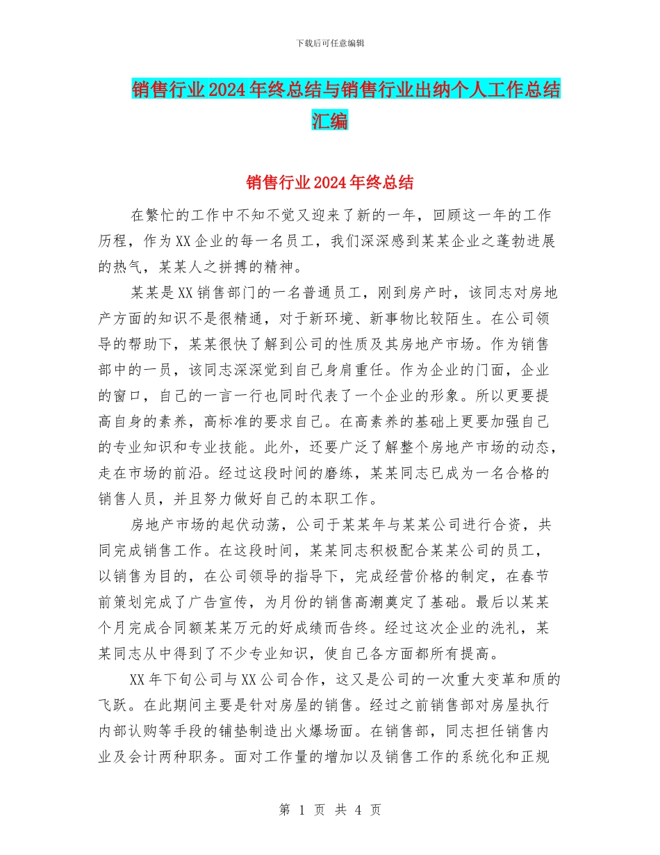 销售行业2024年终总结与销售行业出纳个人工作总结汇编_第1页