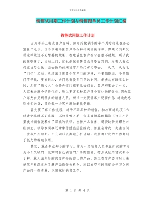 销售试用期工作计划与销售跟单员工作计划汇编
