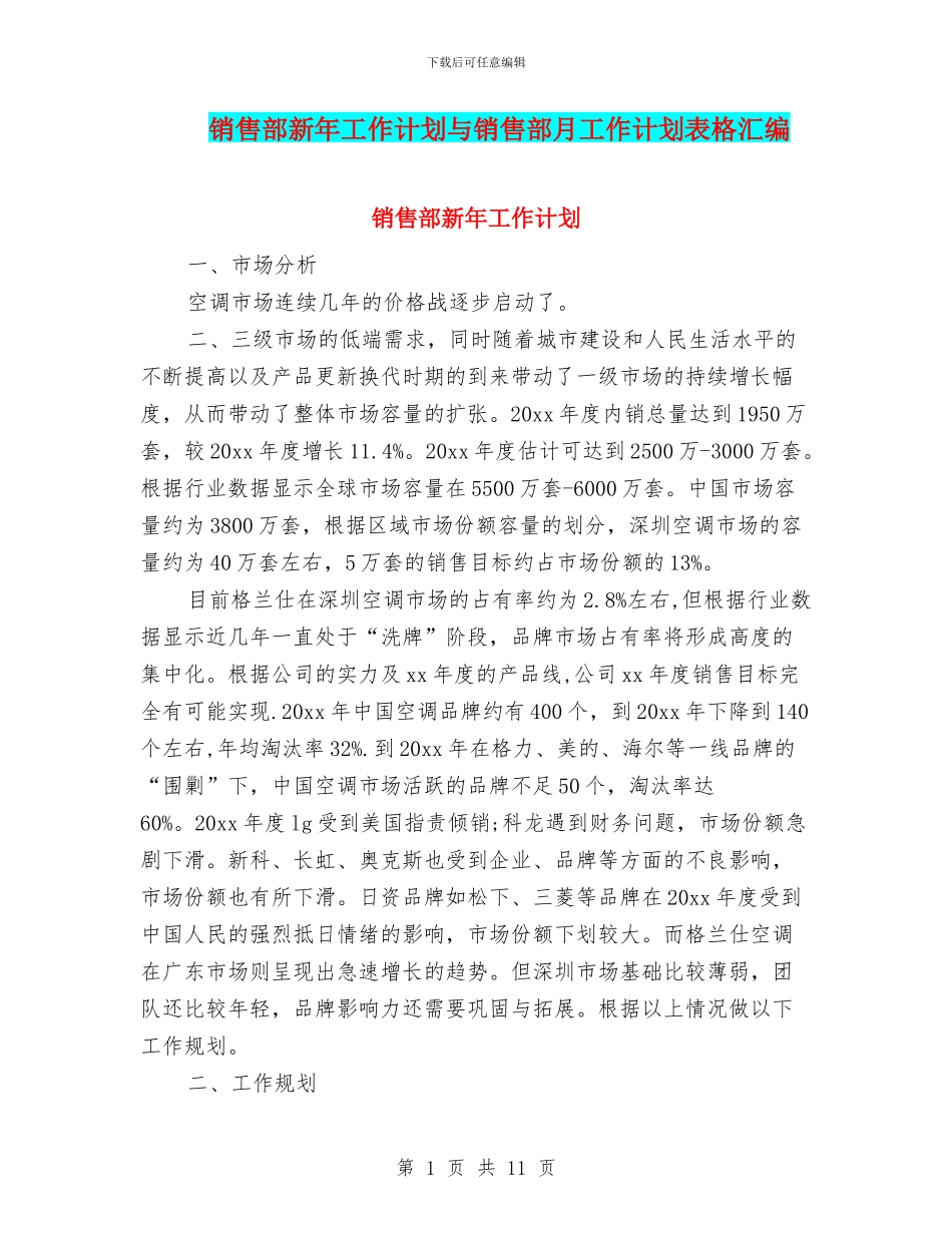 销售部新年工作计划与销售部月工作计划表格汇编_第1页