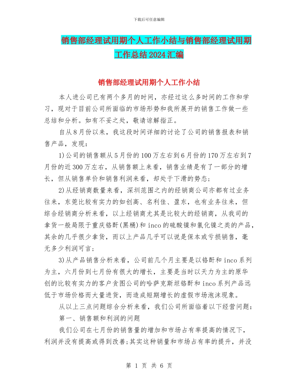 销售部经理试用期个人工作小结与销售部经理试用期工作总结2024汇编_第1页
