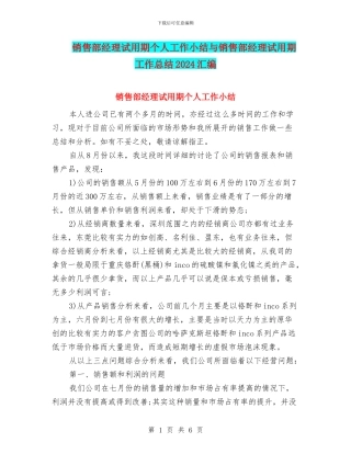 销售部经理试用期个人工作小结与销售部经理试用期工作总结2024汇编
