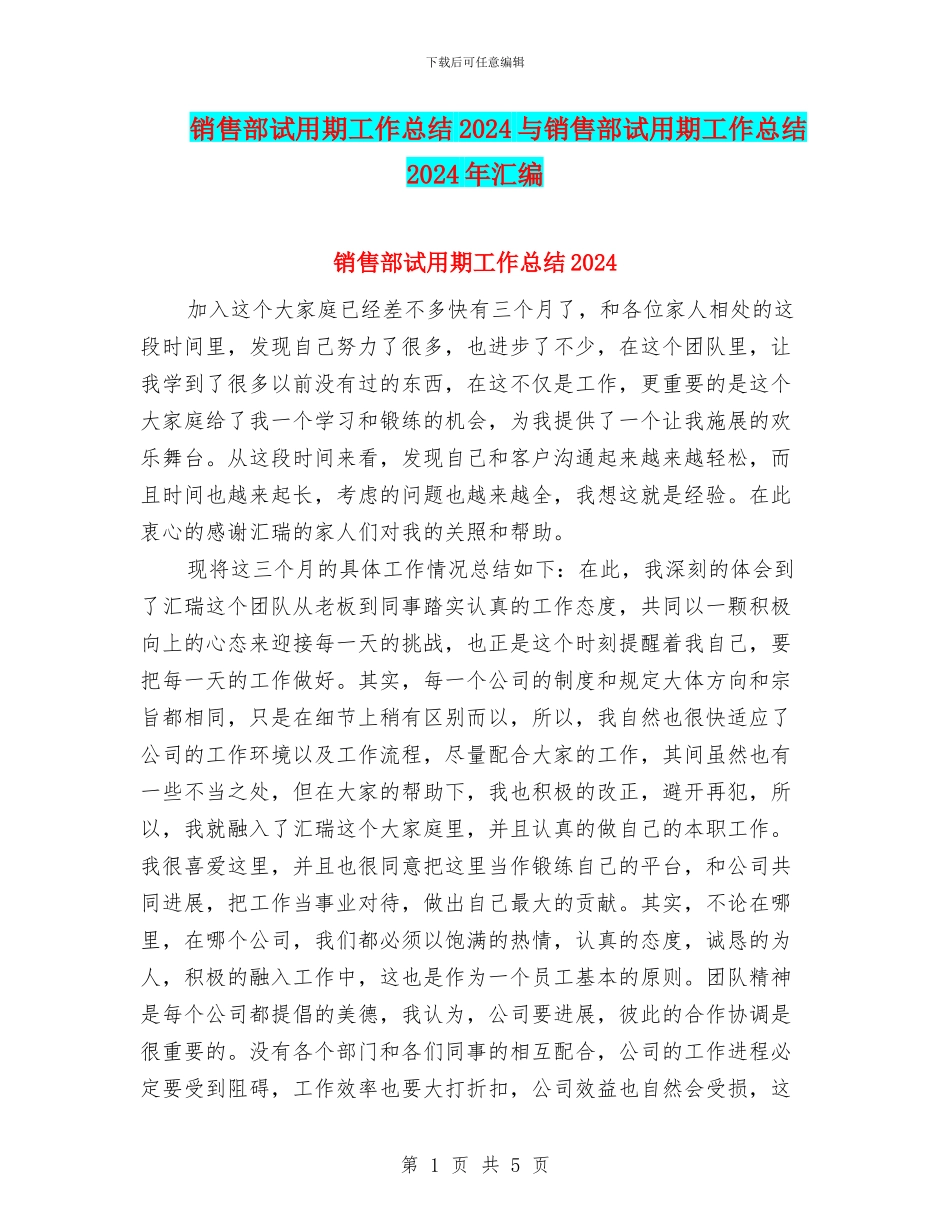 销售部试用期工作总结2024与销售部试用期工作总结2024年汇编_第1页