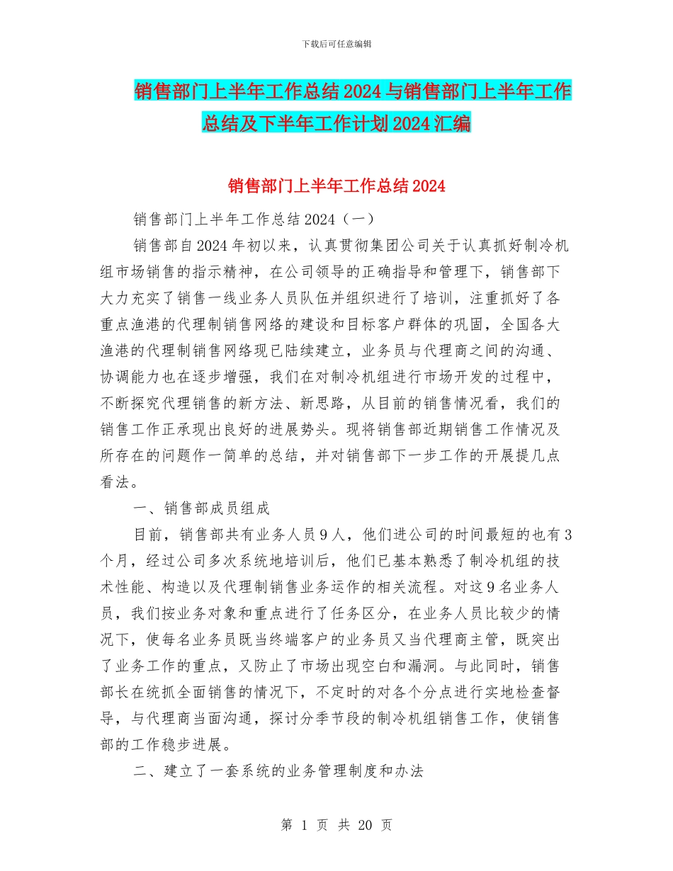 销售部门上半年工作总结2024与销售部门上半年工作总结及下半年工作计划2024汇编_第1页