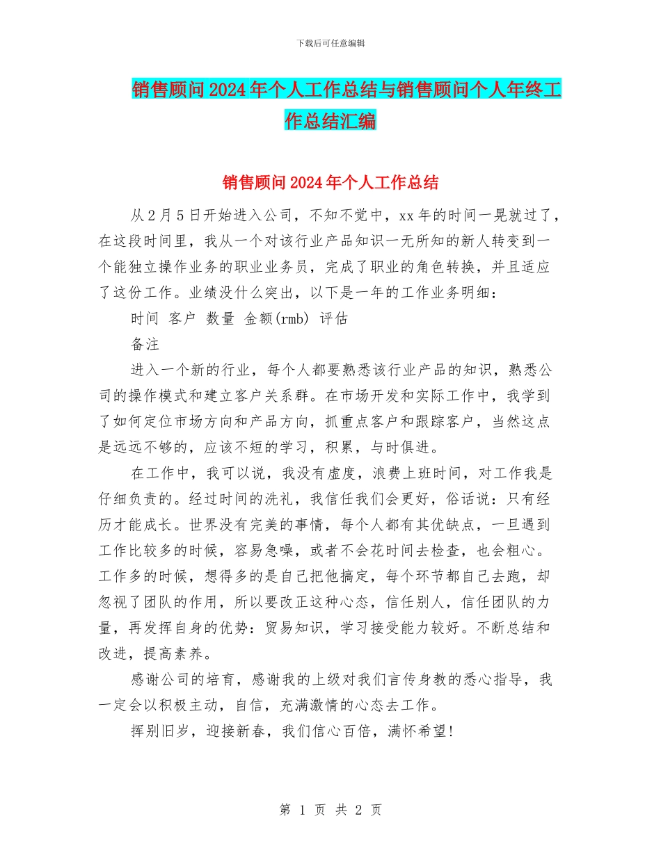 销售顾问2024年个人工作总结与销售顾问个人年终工作总结汇编_第1页
