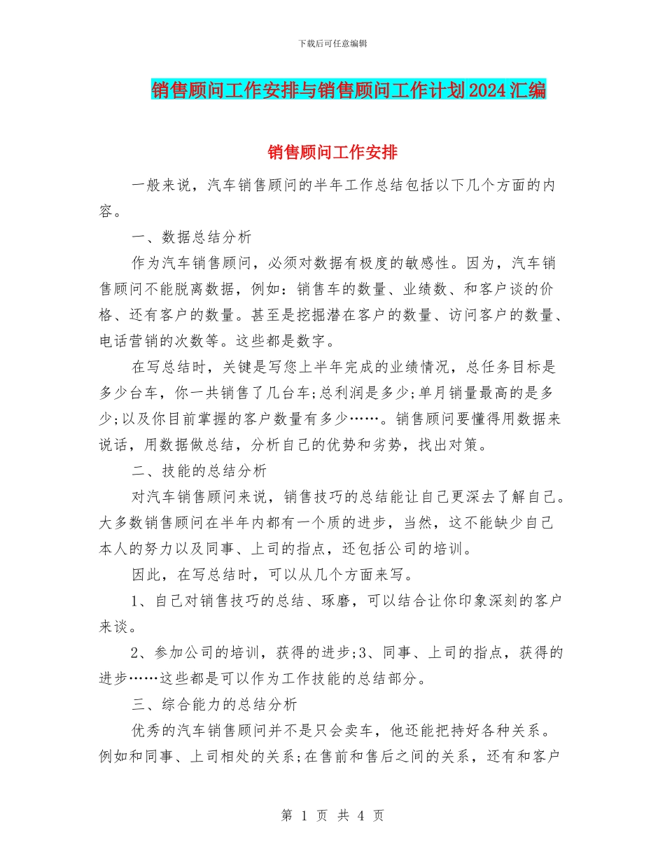 销售顾问工作安排与销售顾问工作计划2024汇编_第1页