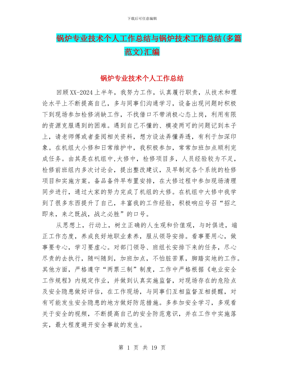 锅炉专业技术个人工作总结与锅炉技术工作总结汇编_第1页