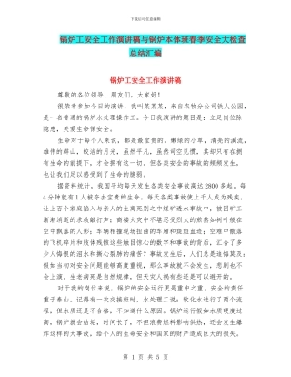 锅炉工安全工作演讲稿与锅炉本体班春季安全大检查总结汇编