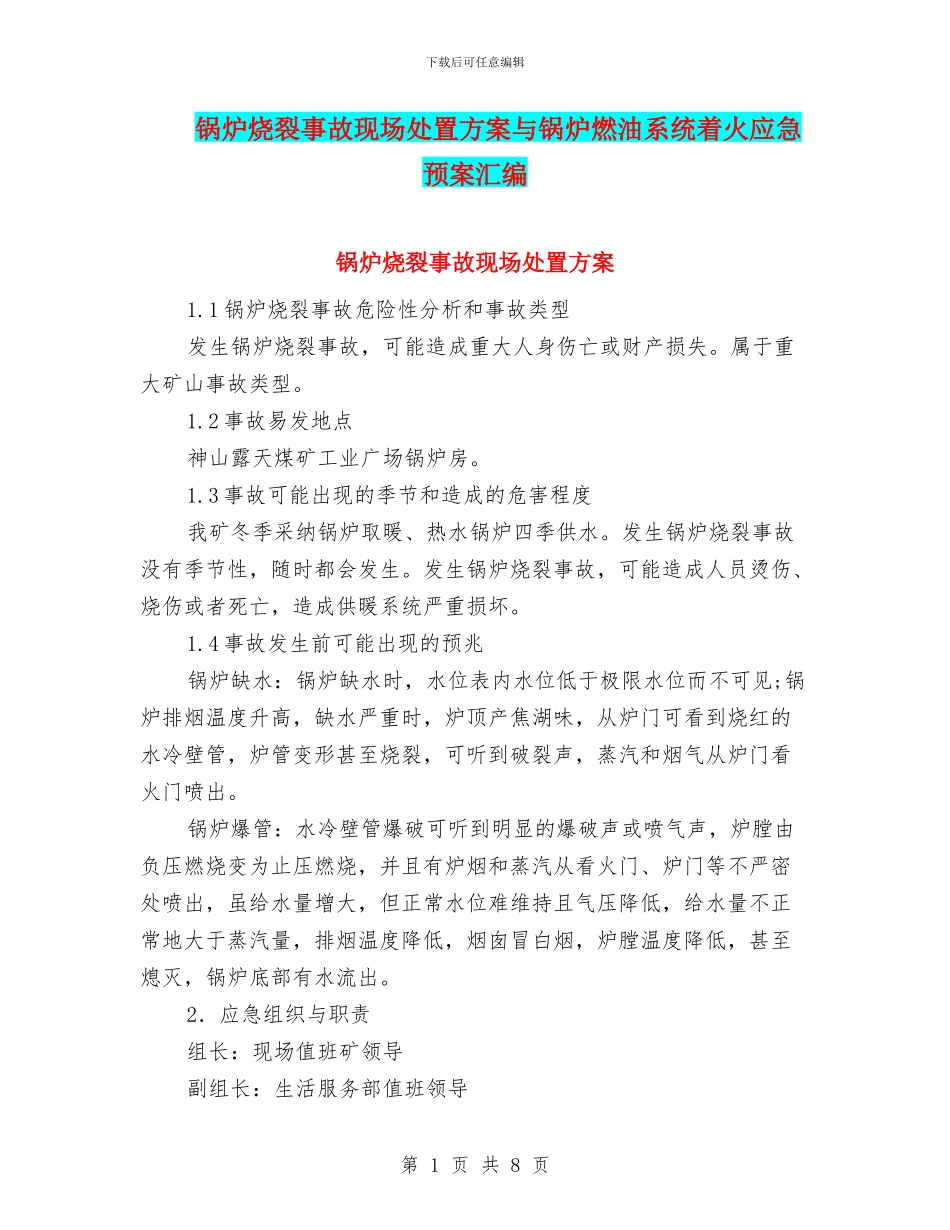 锅炉烧裂事故现场处置方案与锅炉燃油系统着火应急预案汇编_第1页