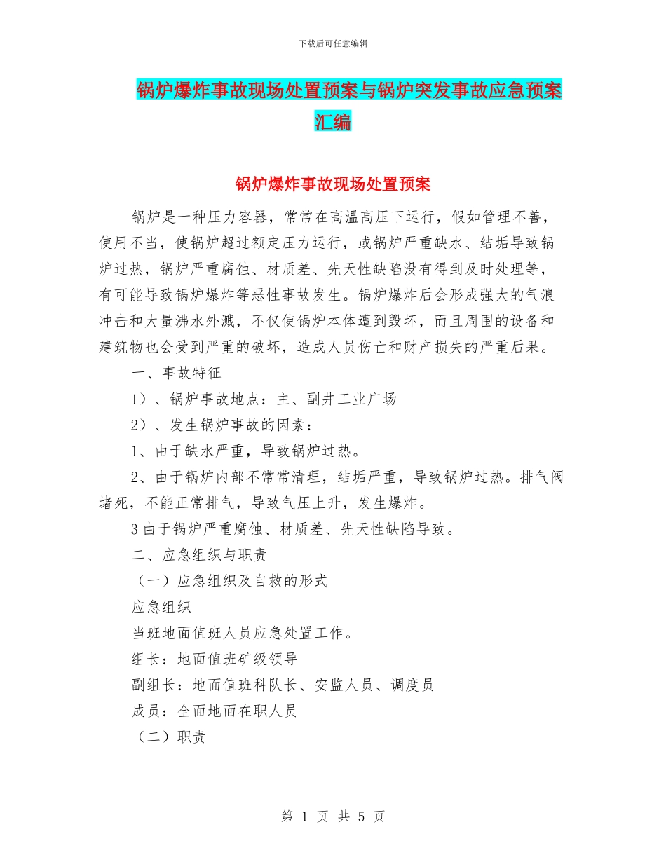 锅炉爆炸事故现场处置预案与锅炉突发事故应急预案汇编_第1页