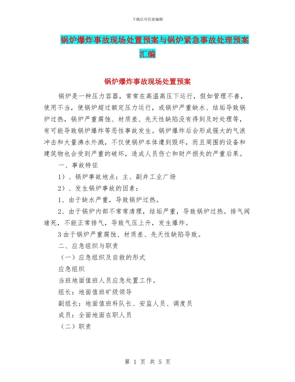 锅炉爆炸事故现场处置预案与锅炉紧急事故处理预案汇编_第1页