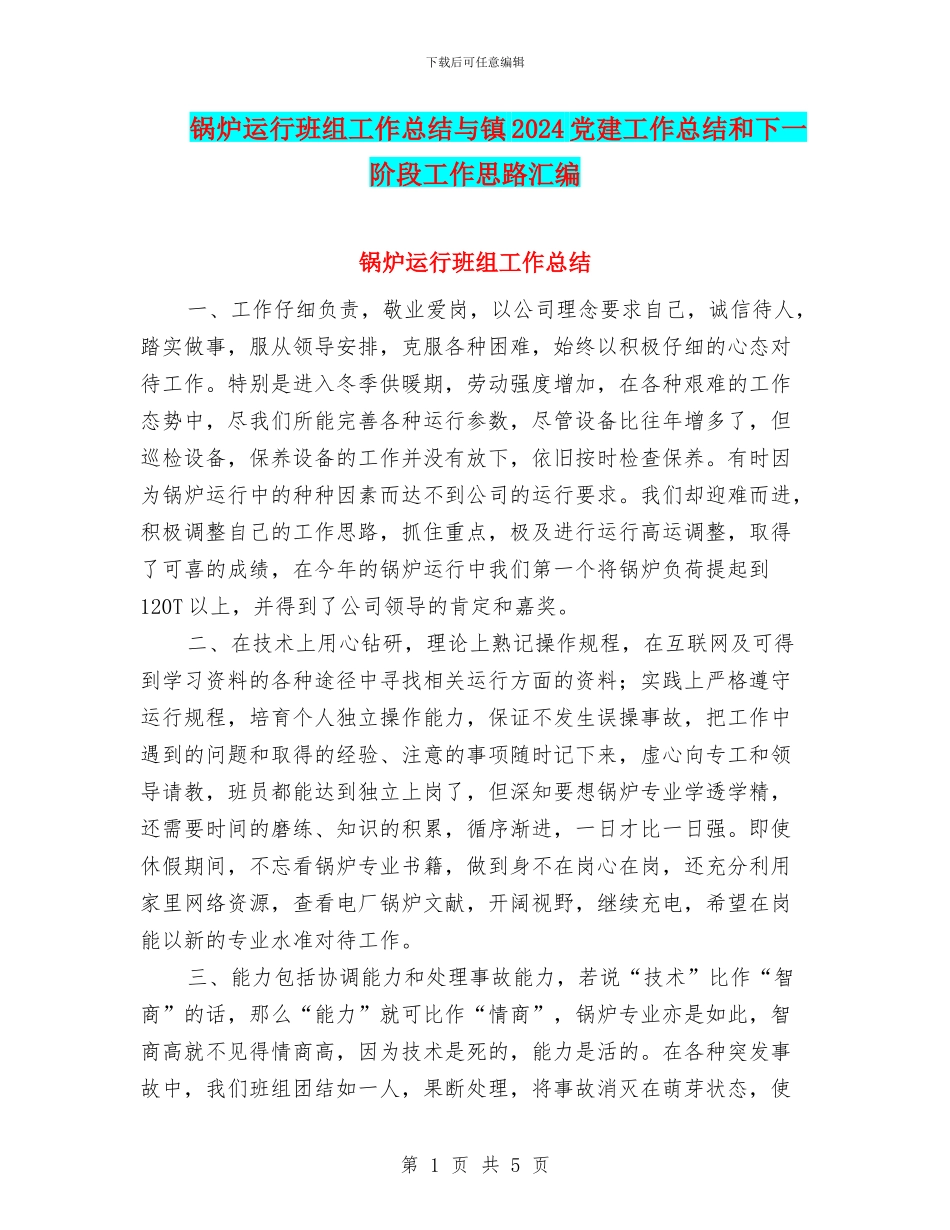 锅炉运行班组工作总结与镇2024党建工作总结和下一阶段工作思路汇编_第1页