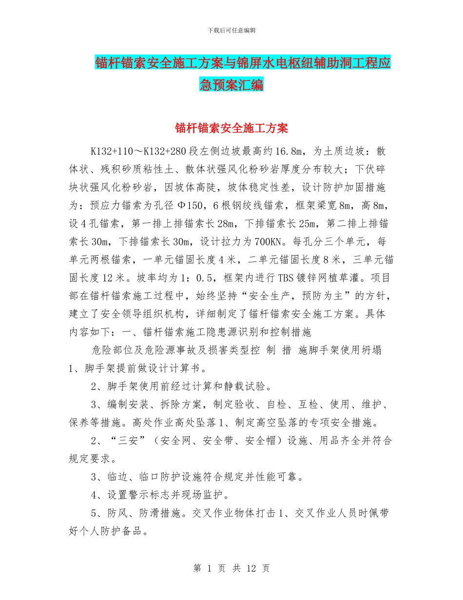 锚杆锚索安全施工方案与锦屏水电枢纽辅助洞工程应急预案汇编_第1页