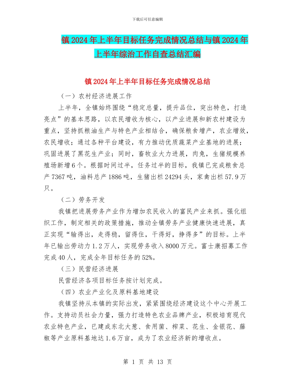 镇2024年上半年目标任务完成情况总结与镇2024年上半年综治工作自查总结汇编_第1页