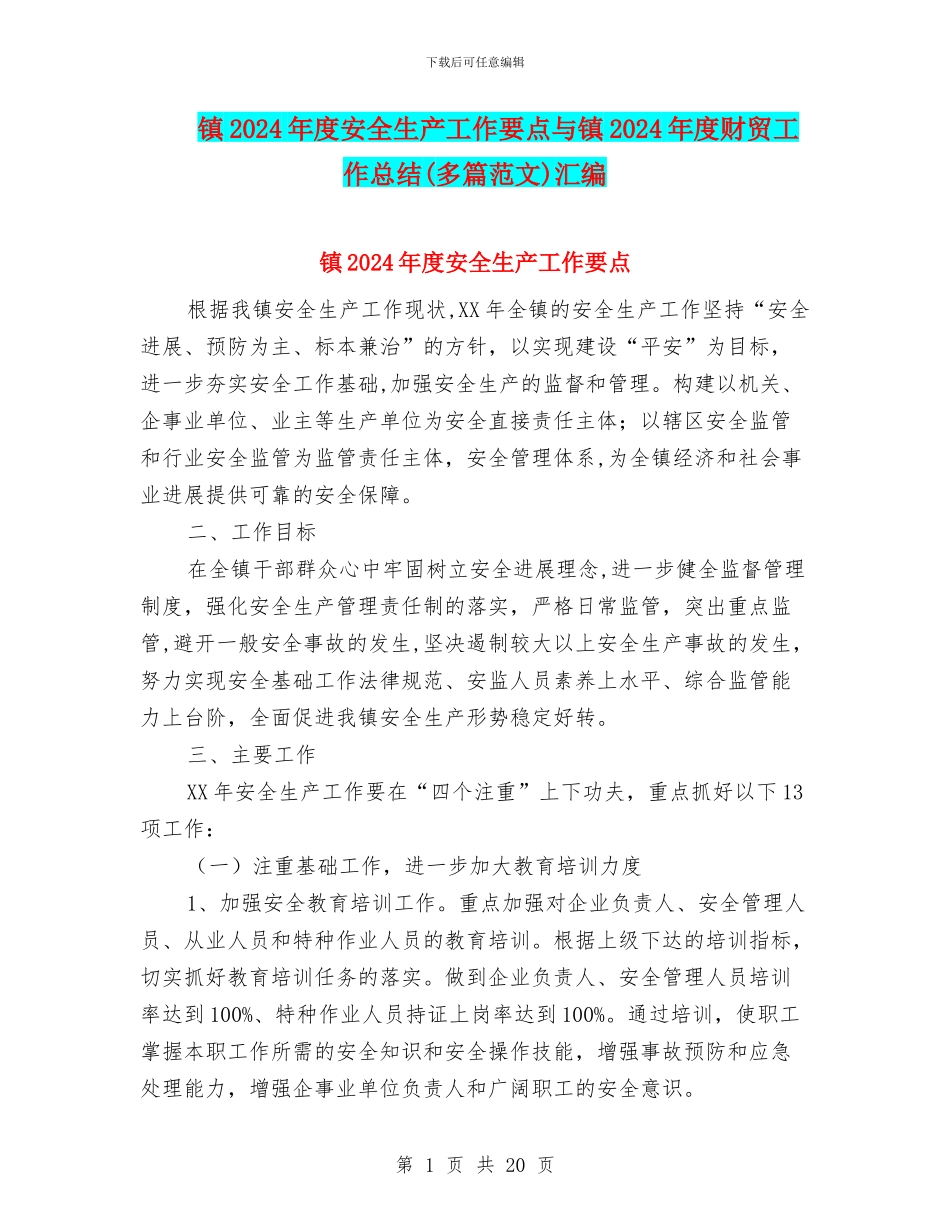 镇2024年度安全生产工作要点与镇2024年度财贸工作总结汇编.doc_第1页