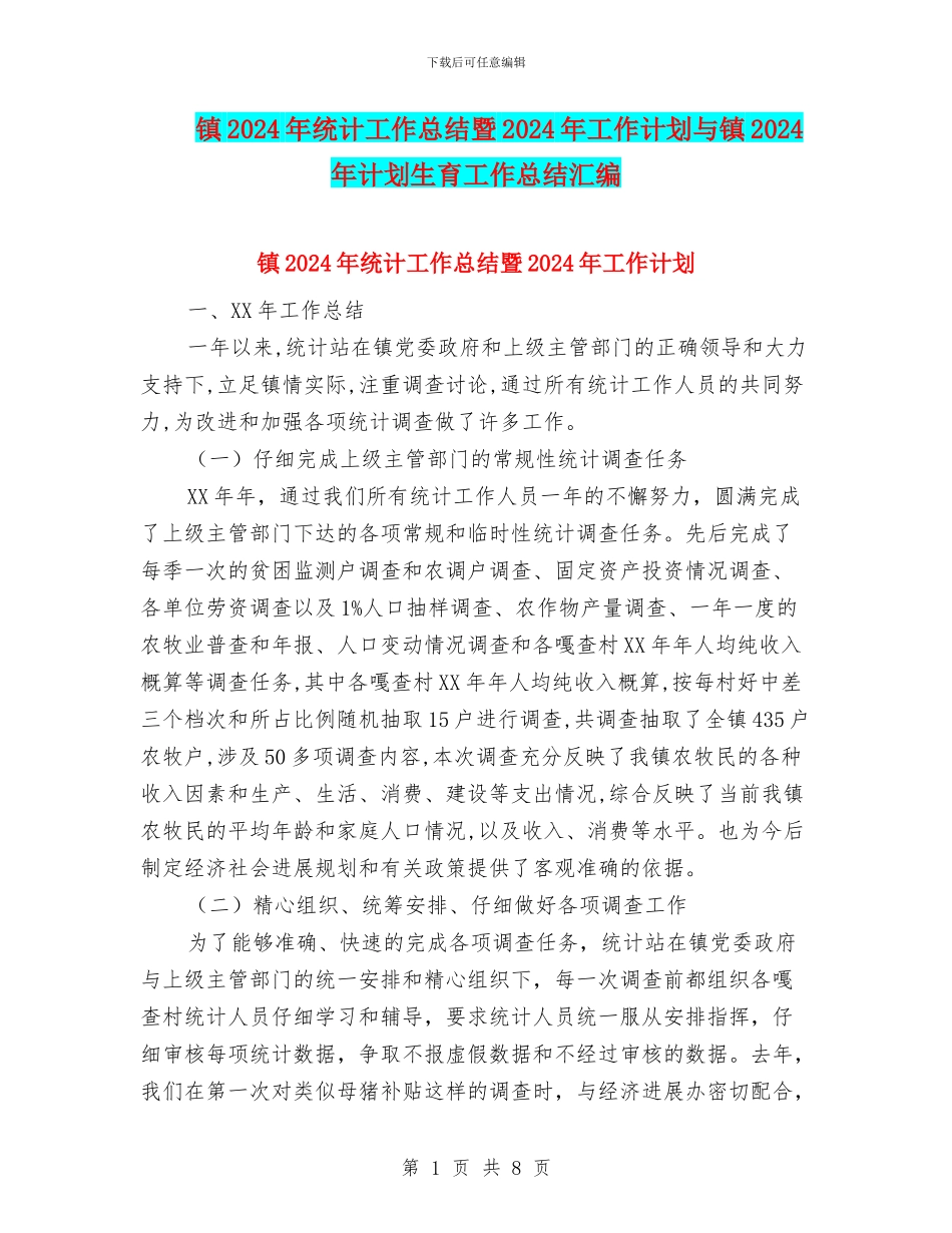 镇2024年统计工作总结暨2024年工作计划与镇2024年计划生育工作总结汇编_第1页
