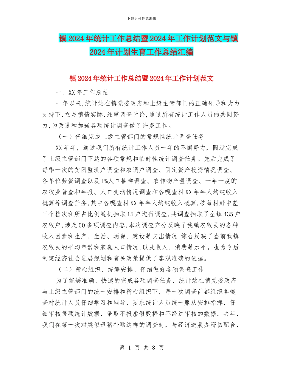 镇2024年统计工作总结暨2024年工作计划范文与镇2024年计划生育工作总结汇编_第1页