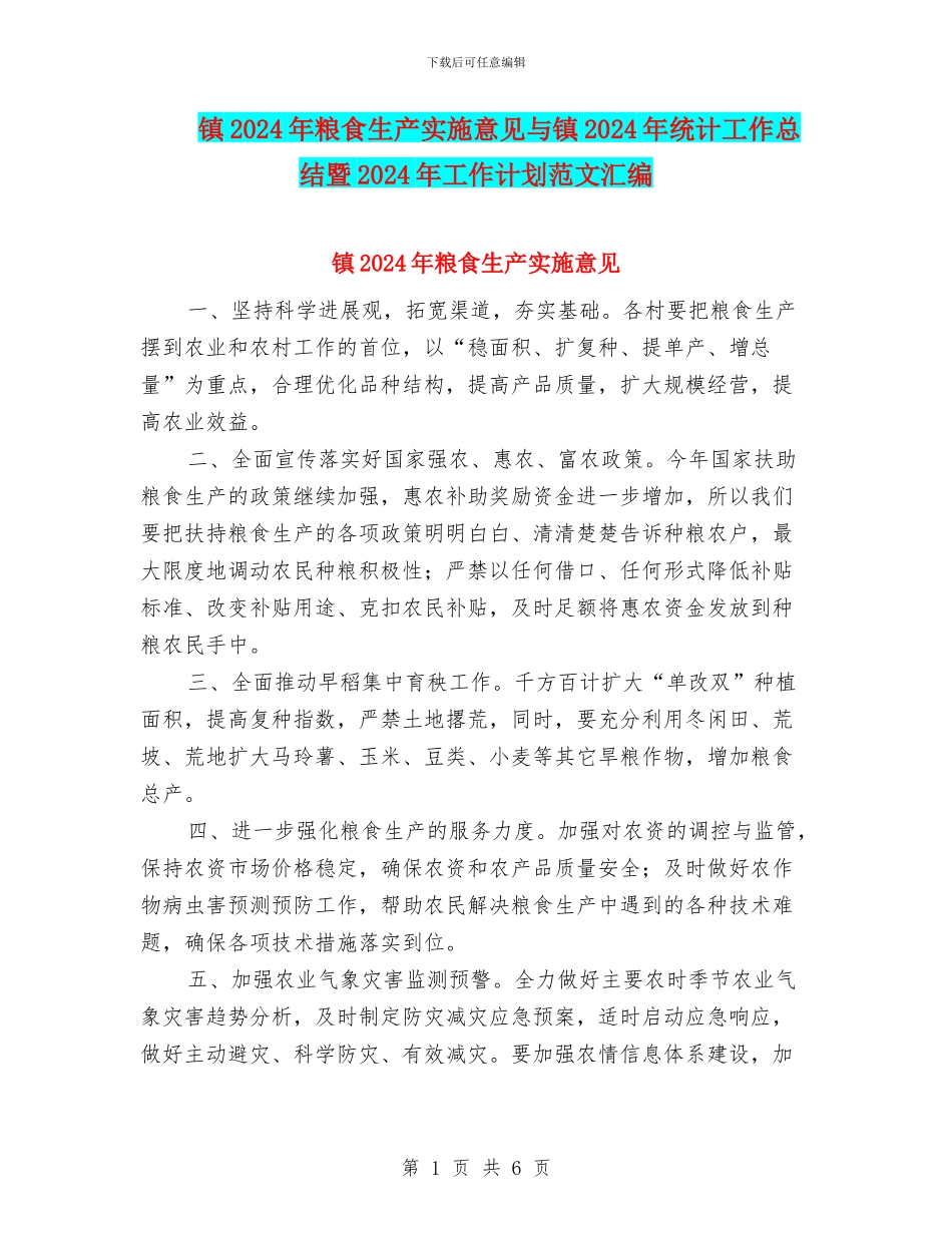 镇2024年粮食生产实施意见与镇2024年统计工作总结暨2024年工作计划范文汇编_第1页