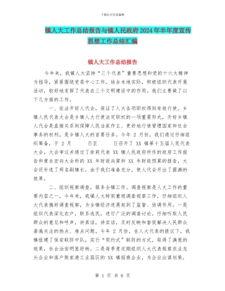 镇人大工作总结报告与镇人民政府2024年半年度宣传思想工作总结汇编