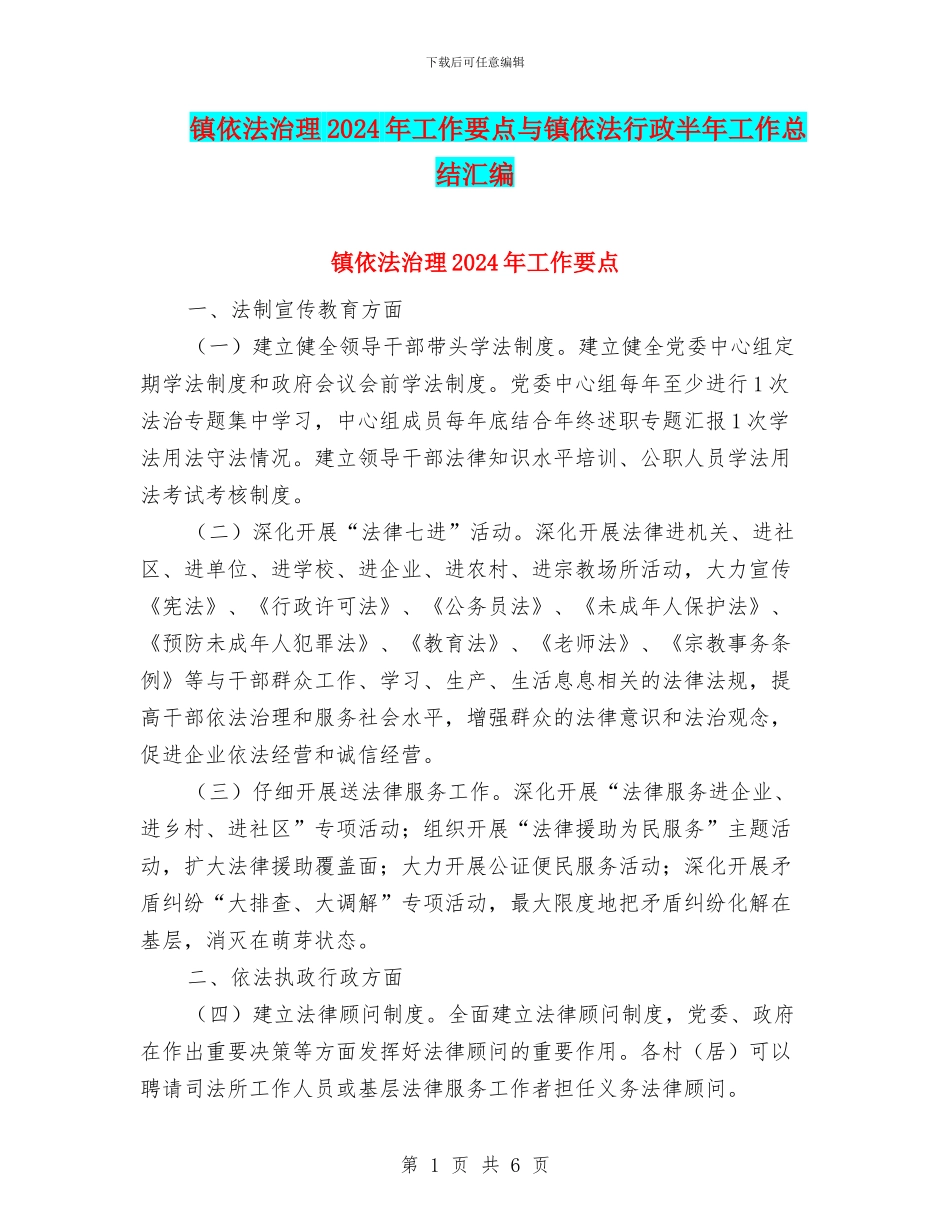 镇依法治理2024年工作要点与镇依法行政半年工作总结汇编_第1页
