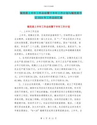 镇党委上半年工作总结暨下半年工作计划与镇党委书记2024年工作总结汇编