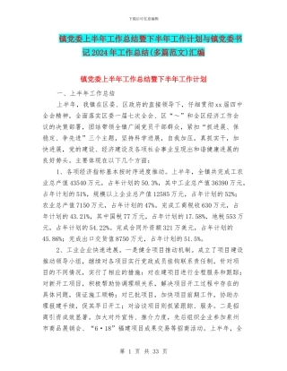 镇党委上半年工作总结暨下半年工作计划与镇党委书记2024年工作总结汇编.doc