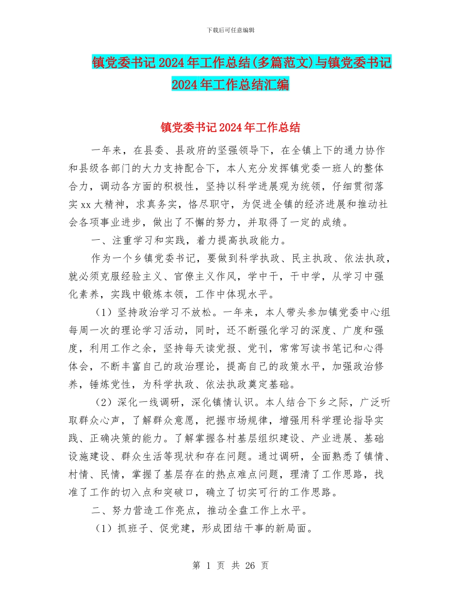 镇党委书记2024年工作总结与镇党委书记2024年工作总结汇编_第1页
