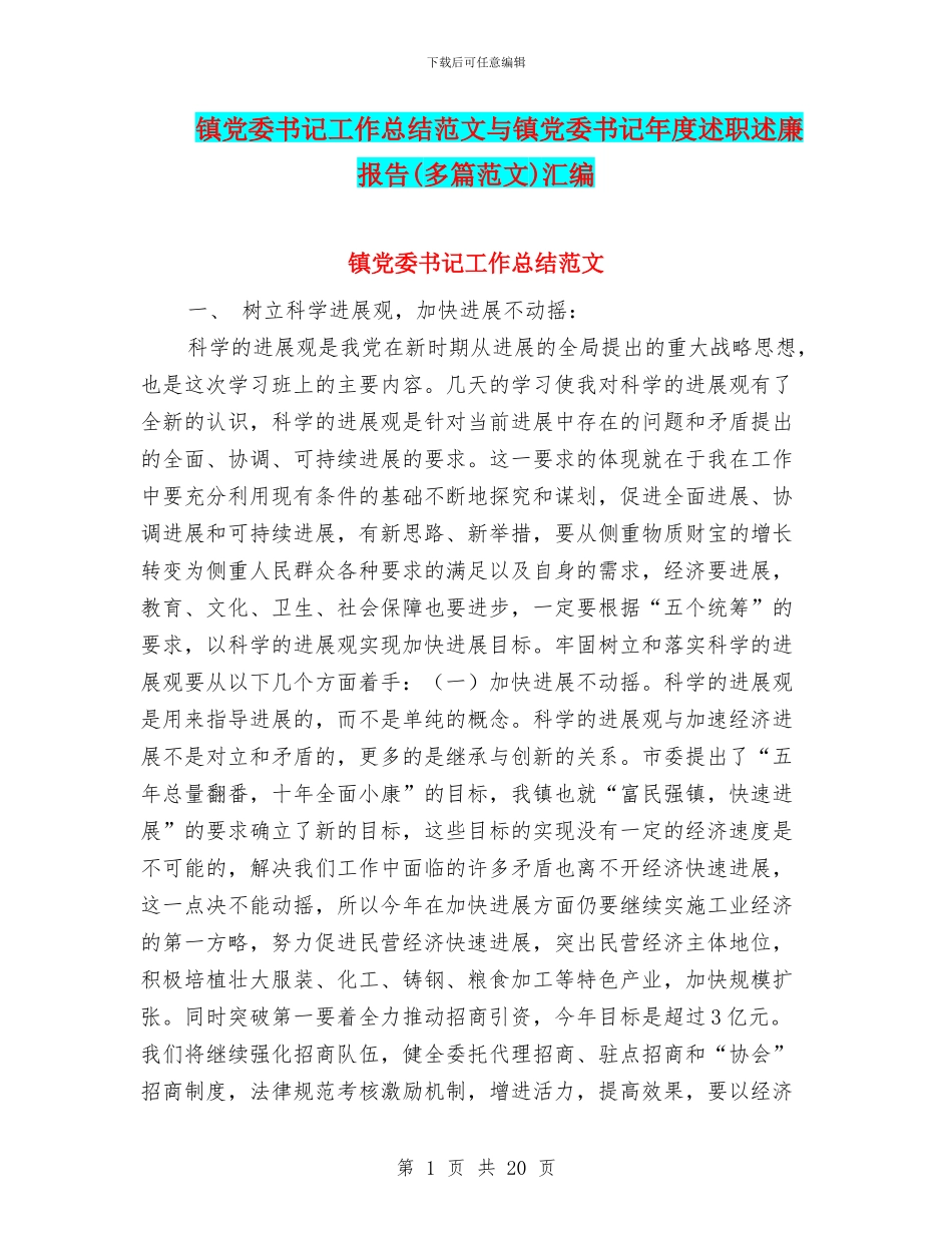 镇党委书记工作总结范文与镇党委书记年度述职述廉报告汇编_第1页