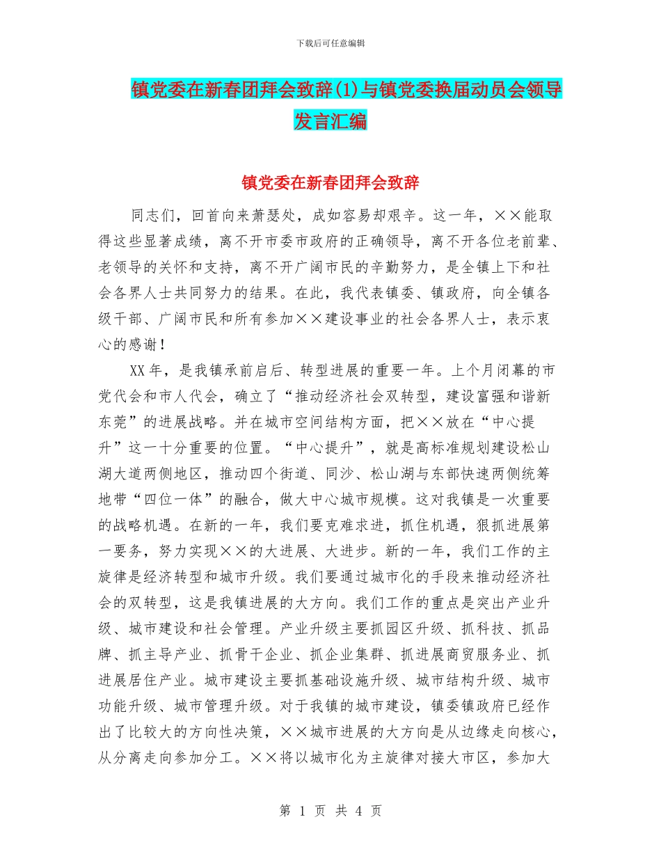 镇党委在新春团拜会致辞与镇党委换届动员会领导发言汇编_第1页