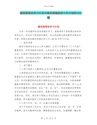 镇党委理论学习计划与镇党委镇政府工作计划范文汇编