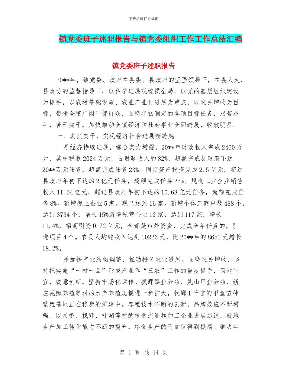 镇党委班子述职报告与镇党委组织工作工作总结汇编_第1页